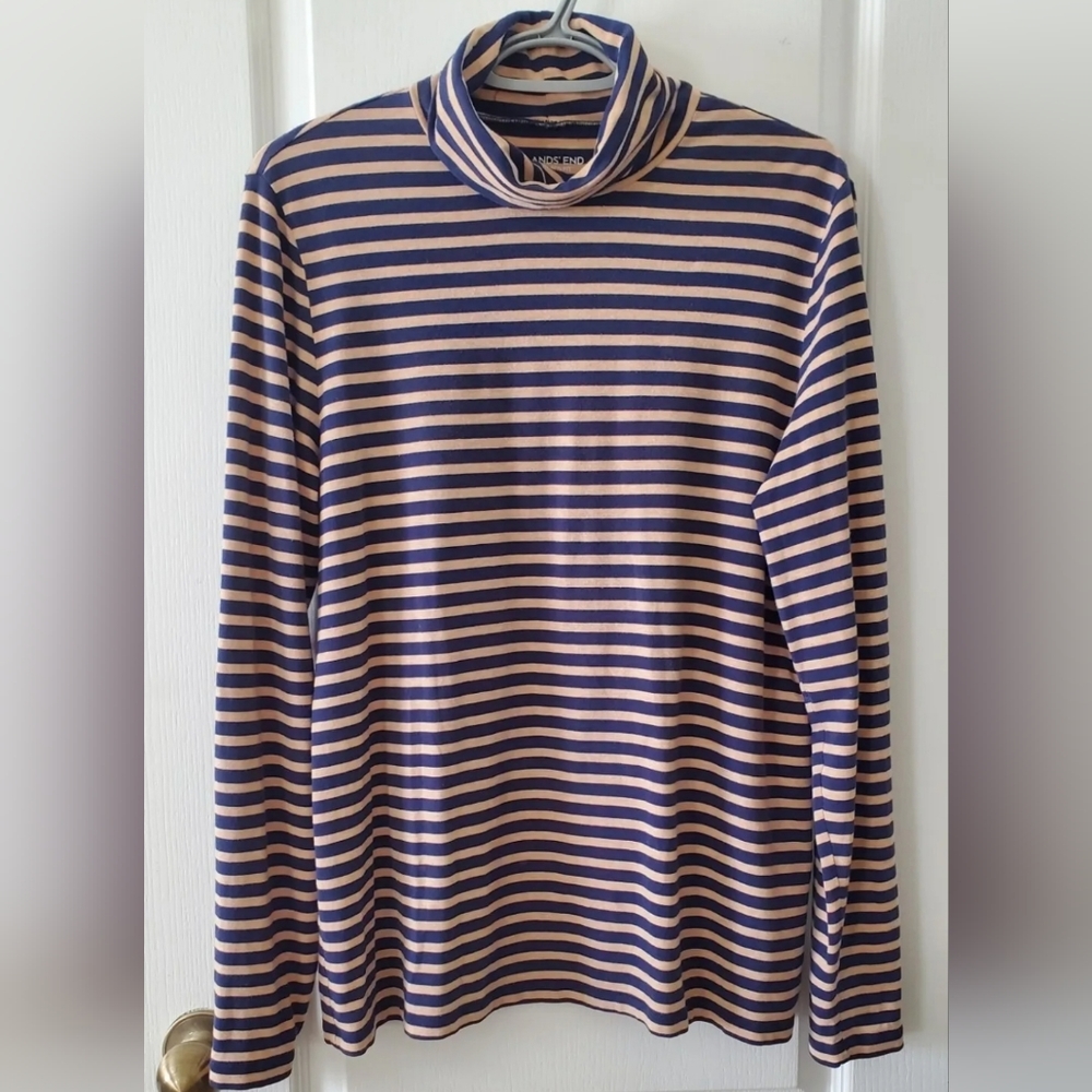 Lands' End Women's Striped High Neck‎ Top, Long Sleeves Size L (14/16)